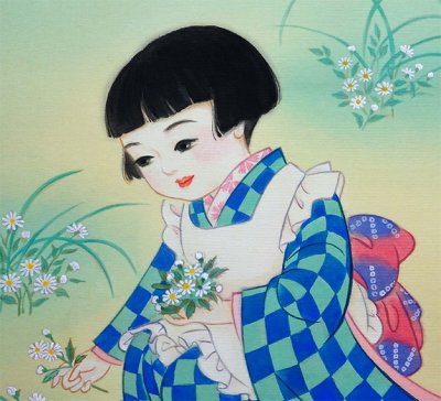 画像1: 少女画「野菊」四つ切り額入り